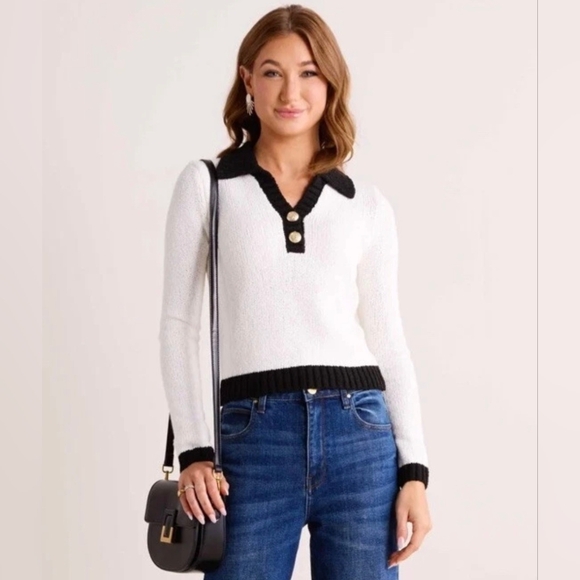 ENDLESS ROSE Super Soft Black & White Collared Polo Sweater - XS - Picture 1 of 5